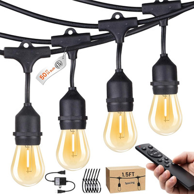 50FT Waterproof LED String Lights with Remote Dimmer for Patio & Garden