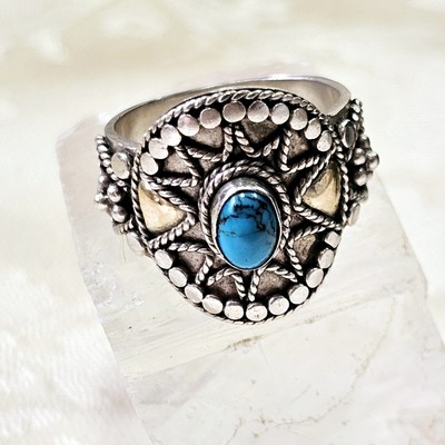 Ring Etruskischer Stil 925 Silber Vermeil besetzt Türkis Größe 53 Vintage...