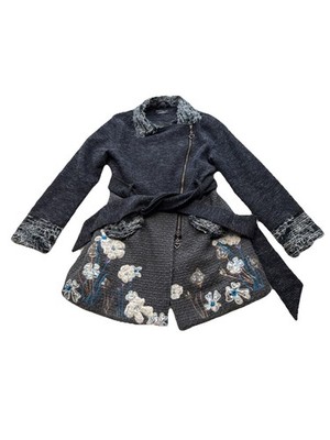 Sacred Threads Girls Medium Multicolor Floral Patchwork Boho Zip-up Coat Black