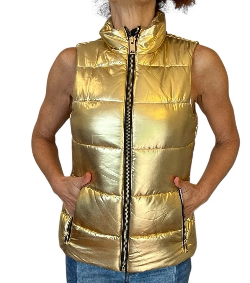 WOMEN'S MICHAEL MICHAEL KORS METALLIC GOLD SLEEVELESS PUFFER VEST FULL ZIP XS - Image 3 of 4