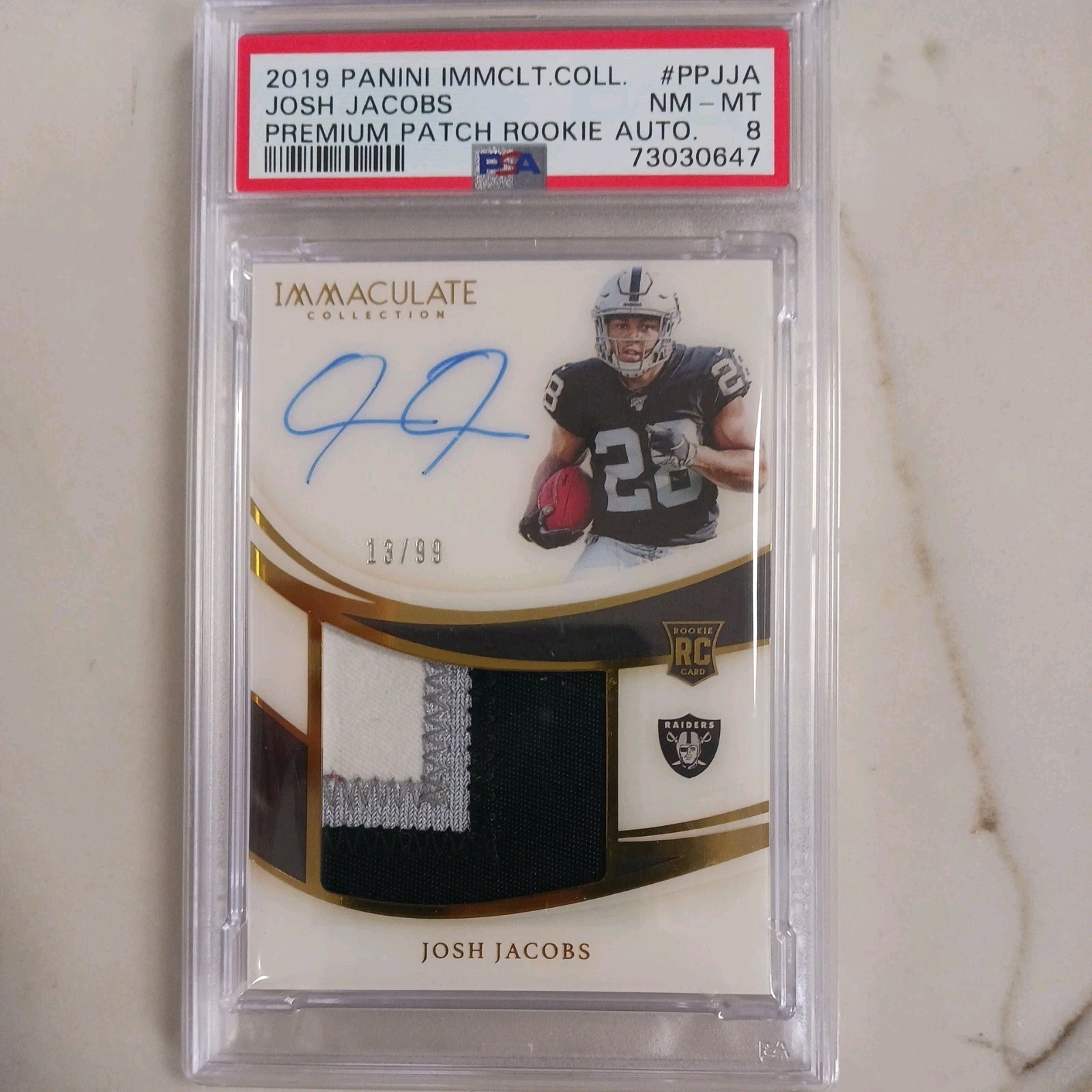 Josh Jacobs Panini Immaculate Collection Premium Patch Rookie Autographs #PPJJA Base