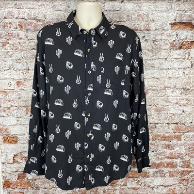Pyknic Medium No Problemo Tacos and Cactus Print Black Casual Button Long Sleeve