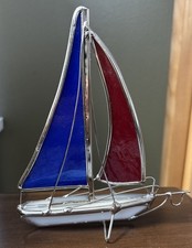 Stained Glass Sailboat Red, White, Blue 6  Standing Sailboat Figure Vintage