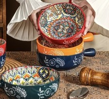 4pc Bohemian Style Ceramic Handle Salad Bowl Floral Pattern Microwave Oven Safe