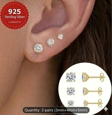 925 Sterling Silver Stud Earrings 3 Pair Set Cubic Zirconia 2mm-8mm