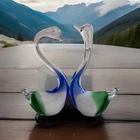Vtg Murano Style Hand Blown Glass Swan Figurines Blue Green White Art Glass Pair