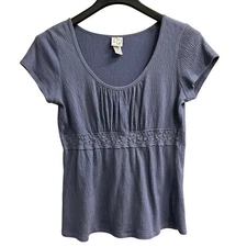 Vintage Fashion Bug Top Womens M Blue Babydoll Crinkle Crochet Detail Y2K Hippie