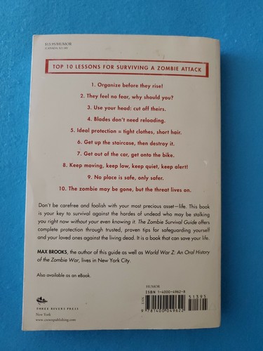 THE ZOMBIE SURVIVAL GUIDE BY MAX BROOKS BOOK PAPERBACK PROTECTION FROM THE DEAD - Picture 2 of 2