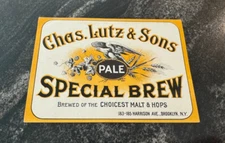 PRE-PRO CHAS. LUTZ & SONS SPECIAL BREW BEER BOTTLE LABEL LUTZ BRG CO BROOKLYN NY