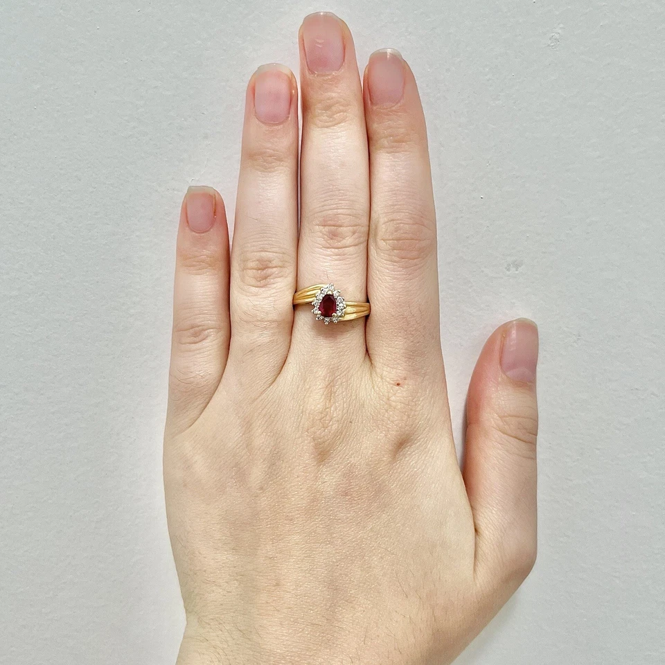 14K Vintage Ruby & Diamond Halo Ring - Gold Ruby Ring - Ruby Engagement Ring - Image 3 of 4