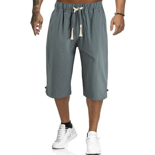 Mens 3/4 Length Shorts Elastic Waist Casual Linen Baggy Three Quarter Pants - Picture 6 of 16