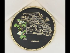 1950’s MISSOURI USA State Souvenir Metal Round Map Graphic Tray Downy Hawthorn