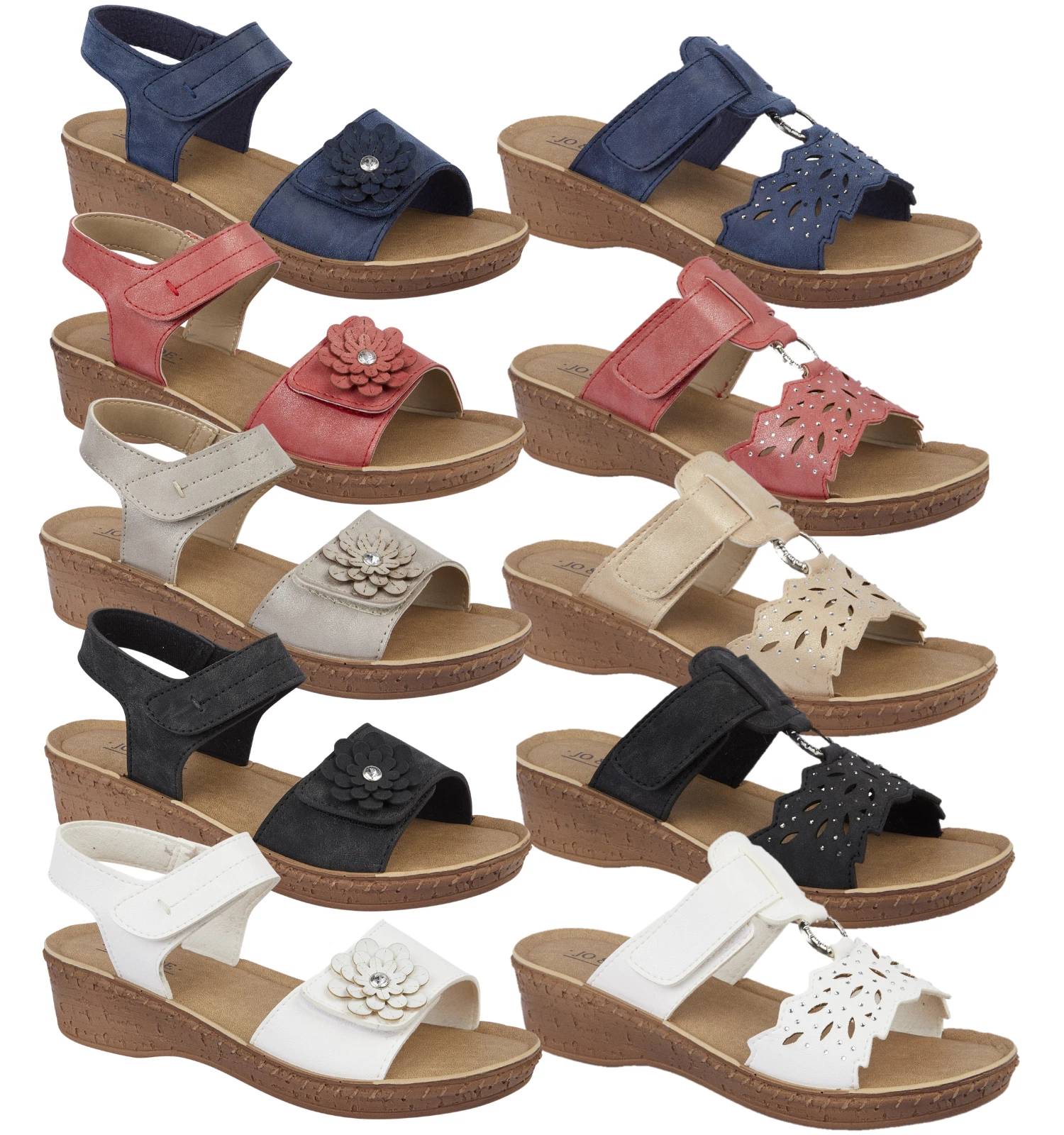 Lightweight wedge sandal ladies slip on touch & close jewelled flower detail