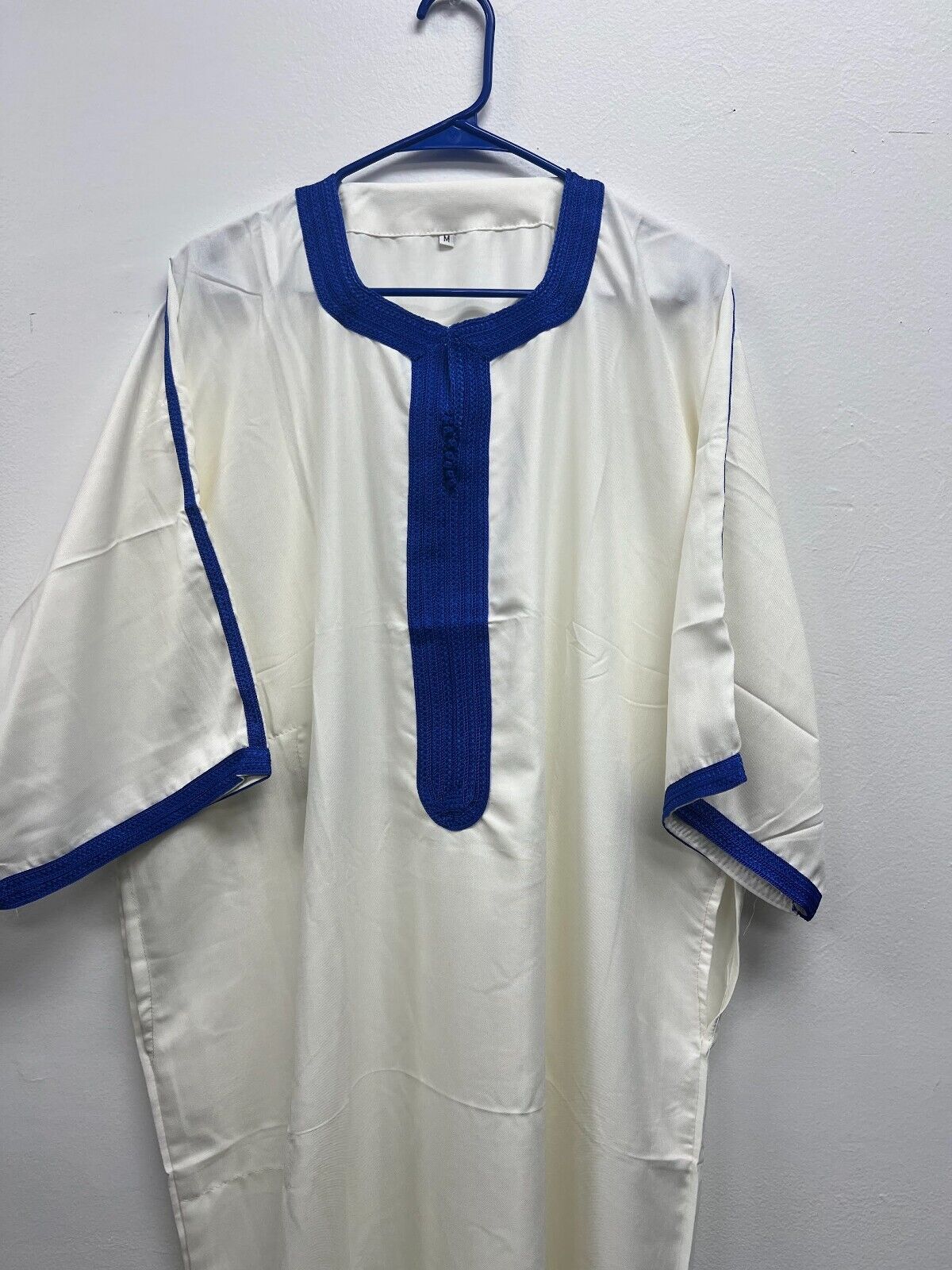 Men's Moroccan Djellaba 3/4 Sleeve Thobe Handmade Arab Dishdasha White/Blue