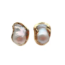 White Cultured Keshi Baroque Pearl Stud Earrings Gold Plated Stud High Quality