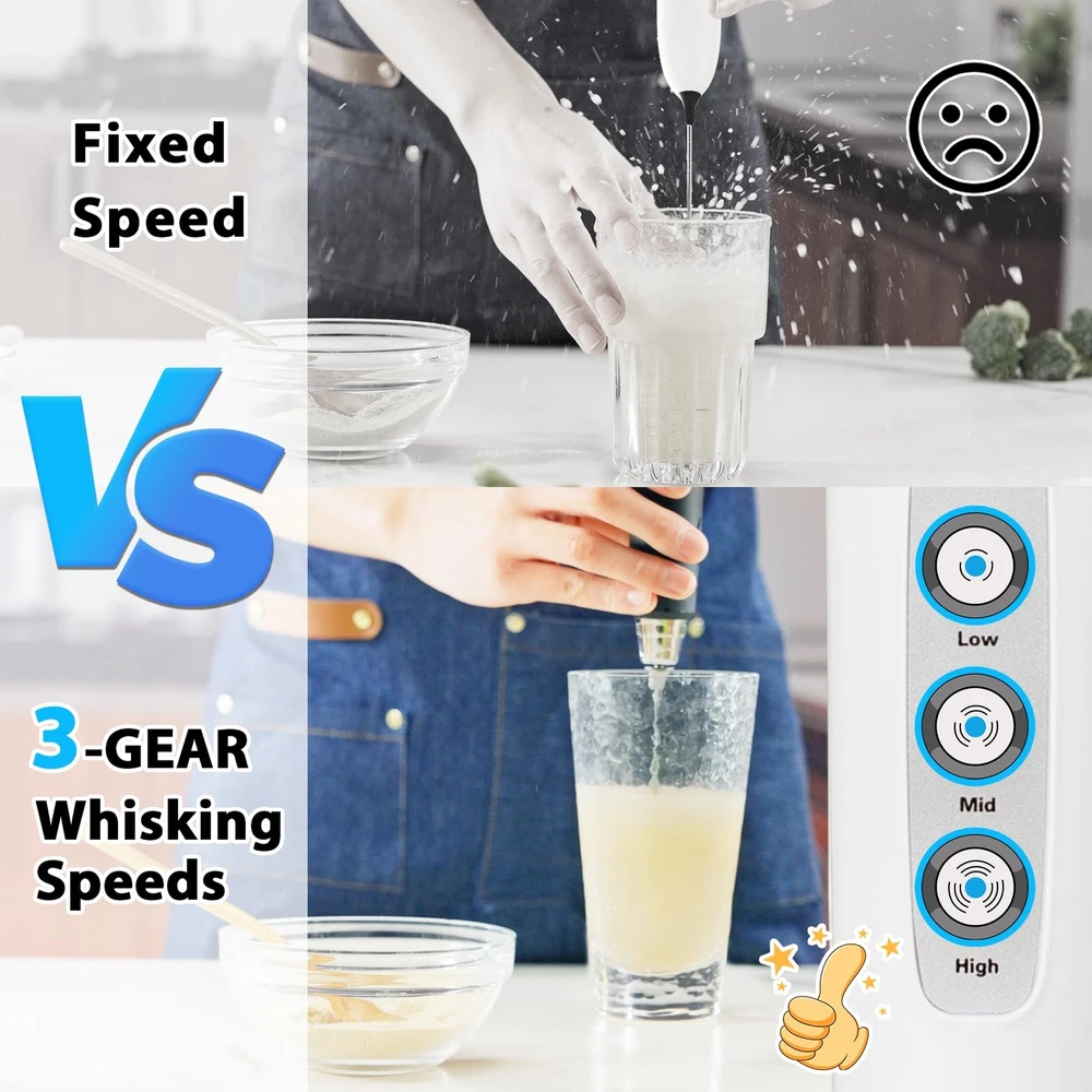 Milk Frother Rechargeable Handheld-Electric Whisk 3 Speed Adjustable, Coffee ...