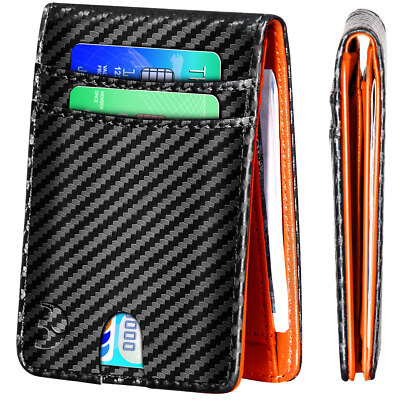 Men's Slim Leather Bifold Wallet With RFID Blocking - 10 Card Slots, Carbon Fiber Design, Black/Orange