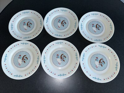 SET OF 6-Vintage ARCOPAL France ROOSTER Plates 8'' Hearts Ribbon FREE SHIPPING