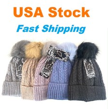 Fur Pom Beanie, Threaded Knitted Beanie, Sherpa Fleeced Lined,Stretch Beanie Hat