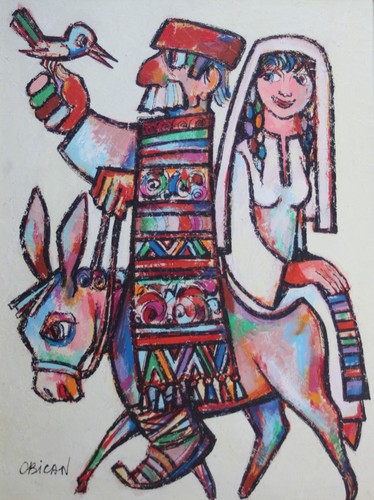 JOVAN OBICAN-French/Croatian Modernist-Original Signed Oil-Couple Riding Donkey