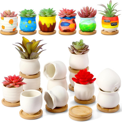 24 Pcs 2.5 Inch Mini Succulent Pots with Bamboo Tray White Ceramic Pots Color Yo