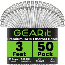 GEARit Cat 6 Ethernet Cable 50-Pack 3 Feet Cat6 Network Patch, 10Gbps, White