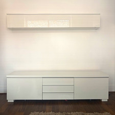 IKEA White High Gloss TV Stand and overhead Storage Unit.