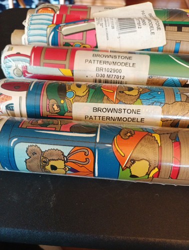 Lot (5)Vtg. 80's Wallpaper Border Working Bears Brownstone Pattern 5 Yard Rolls - Picture 2 of 6