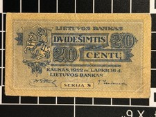 Lithuania 20 Centu 1922 Banknote November Issue Vytis Knight Baltic Currency
