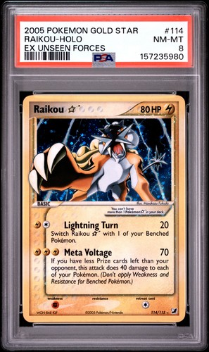 2005 POKEMON EX UNSEEN FORCES GOLD STAR #114 RAIKOU-HOLO PSA 8