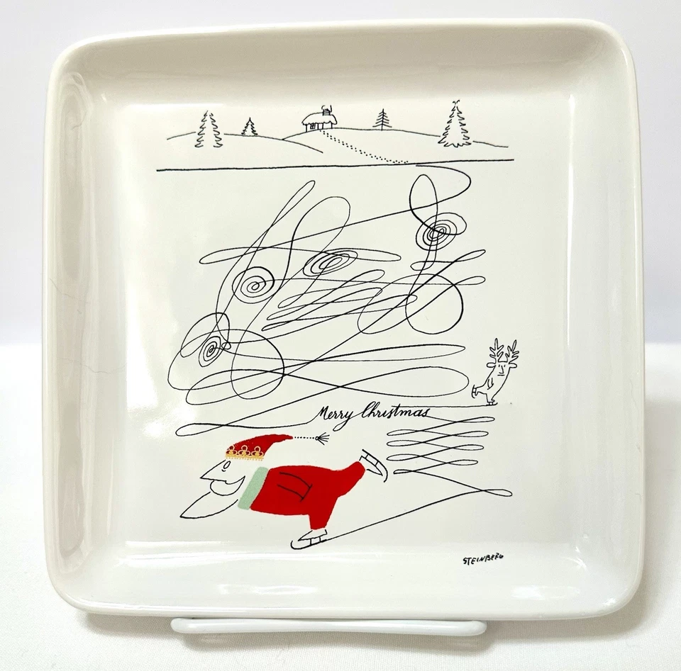 Antigo Saul Steinberg, 4 pratos de aperitivo de Natal de Papai Noel dos desenhos animados para Hallmark - Imagem 4 de 4