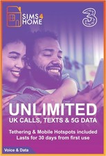 Three Sim Card Preloaded with UNLIMITED UK Calls, Texts & 4G/5G Data. (Valid ...