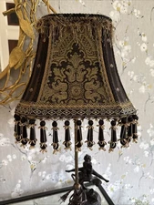 Victorian Art Deco Style Lamp Shade Beige Gold Brown  Tassel Fringe 14.5”