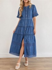 NWT Gap x LoveShackFancy Denim Tiered Midi Dress L Dark Wash Lace Button Front