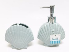 NEW 2 PC SEASIDE LIGHT BLUE CERAMIC SEA SHELL LOTION,SOAP DISPENSER+TOOTHBRUSH