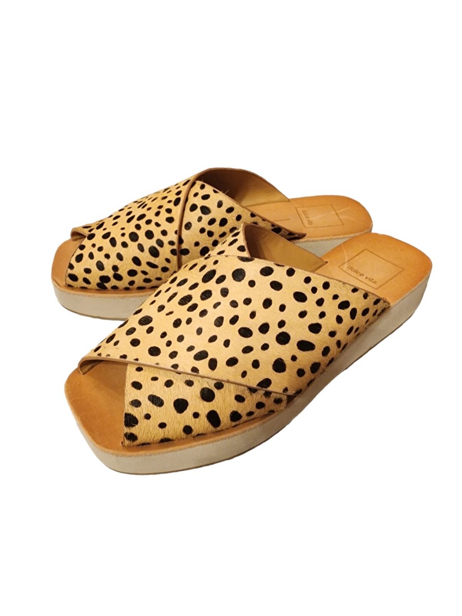 Dolce Vita Real Fur Leopard Print Square Toe Slip On Platform Sandals