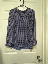 PLEIONE top shirt blouse S 6 Bust 40 Length 25 Blue/White/Pink Geometric
