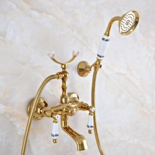Luxury Gold Color Brass Wall Mounted Clawfoot Bath Tub Faucet with Hand Shower