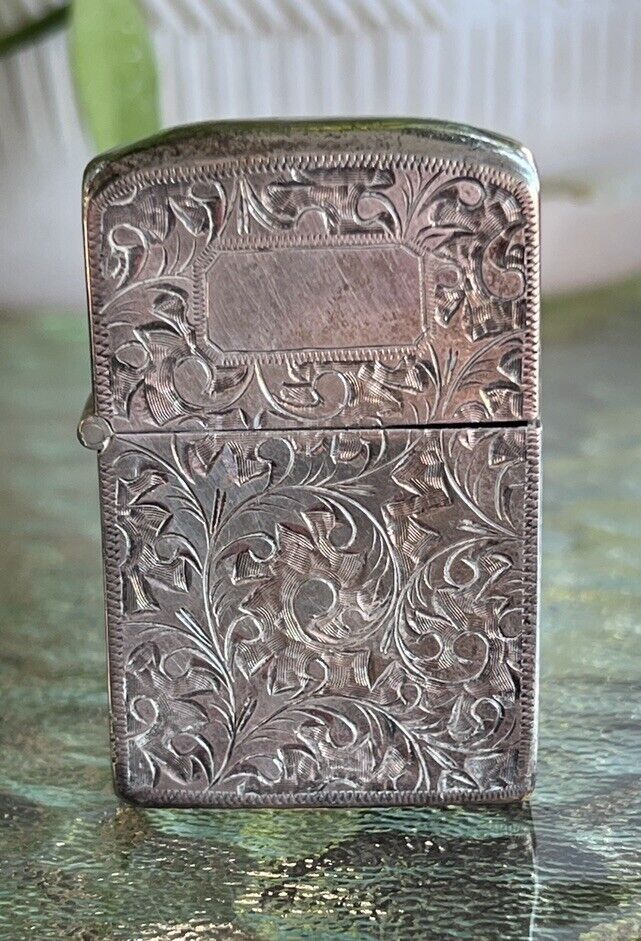 ANTIQUE STERLING SILVER 950 LIGHTER CASE DOUBLE SIDED ETCHING NO MONOGRAM  ZIPPO?
