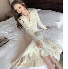 Womens 2023 Fashion V Neck Long Sleeves Falbala Stretched A Line Midi Dress 3689