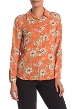 Pleione Women's Floral Print Button Front Blouse Shirt Orange Small NWT N1137