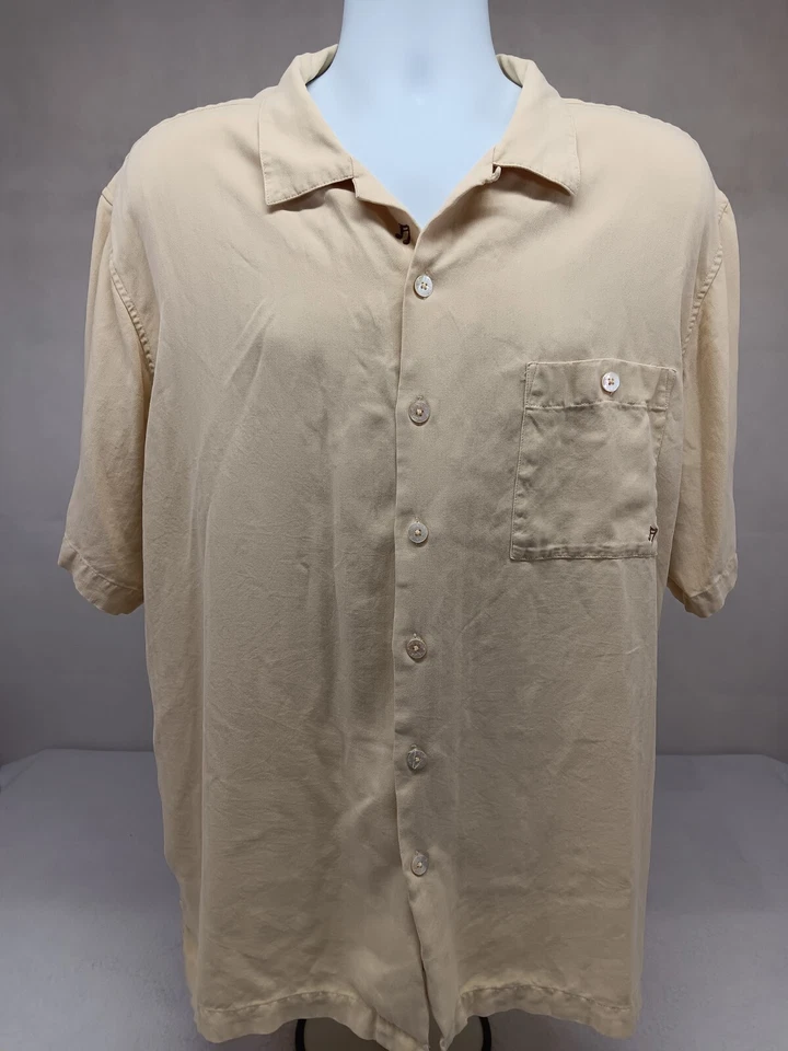 CAMISA LUAU HOMBRE BORDADO ROCK ON GUITAR NOTE XL AMARILLA 100% SEDA MANGA CORTA Foto 2 de 4