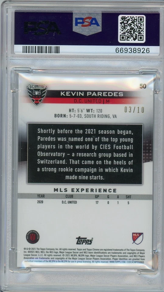 2021 Topps Chrome MLS #50 KEVIN PAREDES Sapphire Edition- PURPLE 03/10 PSA 10 - Image 2 of 2