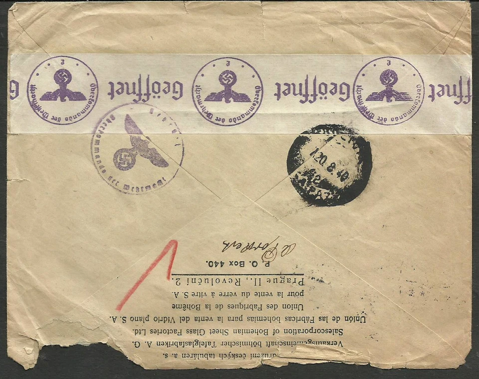 波希米亚和摩拉维亚到玻利维亚 1940 年传感器盖 PRAHA Cancel,V/罕见地点 — 第 2/2 张图片