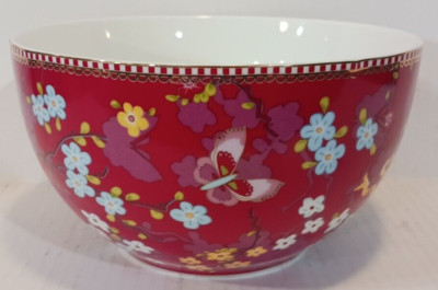 PiP Studio 7'' x 4'' High Red w/ Floral & Butterflies Fine Porcelain 6 c CAP Bowl