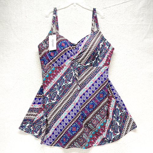 Swimsuits For All Built In Bra Swim Dress Women's Plus Size 22 - Purple Paisley