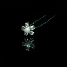 Silver Rhinestone Daisy Flower Pearl (Faux) Center Bridal Hair Pin - One 
