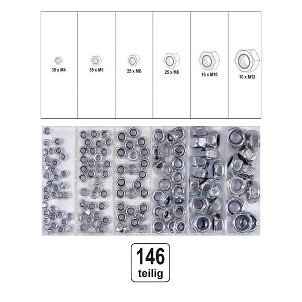 Stopmuttern Sortiment 146 Tlg. Selbstsichernd Metrisch 6-Kant Muttern Sechskant-image