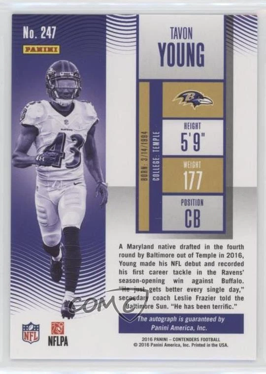 2016 Panini Contenders Championship Ticket /49 Tavon Young #247 Rookie Auto RC - Image 2 of 2