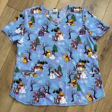Disney Winnie The Pooh Piglet Eeyore Winter Scrub Top Blue Size XL